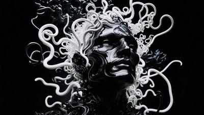 The primary subject of the image is a close-up of a person's head, featuring a mix of black and white colors. The setting is a dark room, and the visual style appears to be a combination of a photo and digital art. The overall atmosphere is mysterious and intriguing.